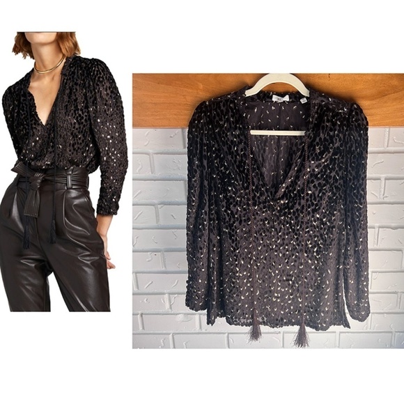 A.L.C. Ophelia Black Velvet Print Sheer Blouse  Top in Carob Metallic,Size 6 NWT - Picture 3 of 16